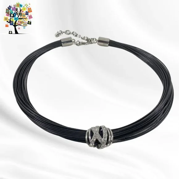 Black Cord/Stainless Steel/Crystals Necklace - Picture 2 of 4